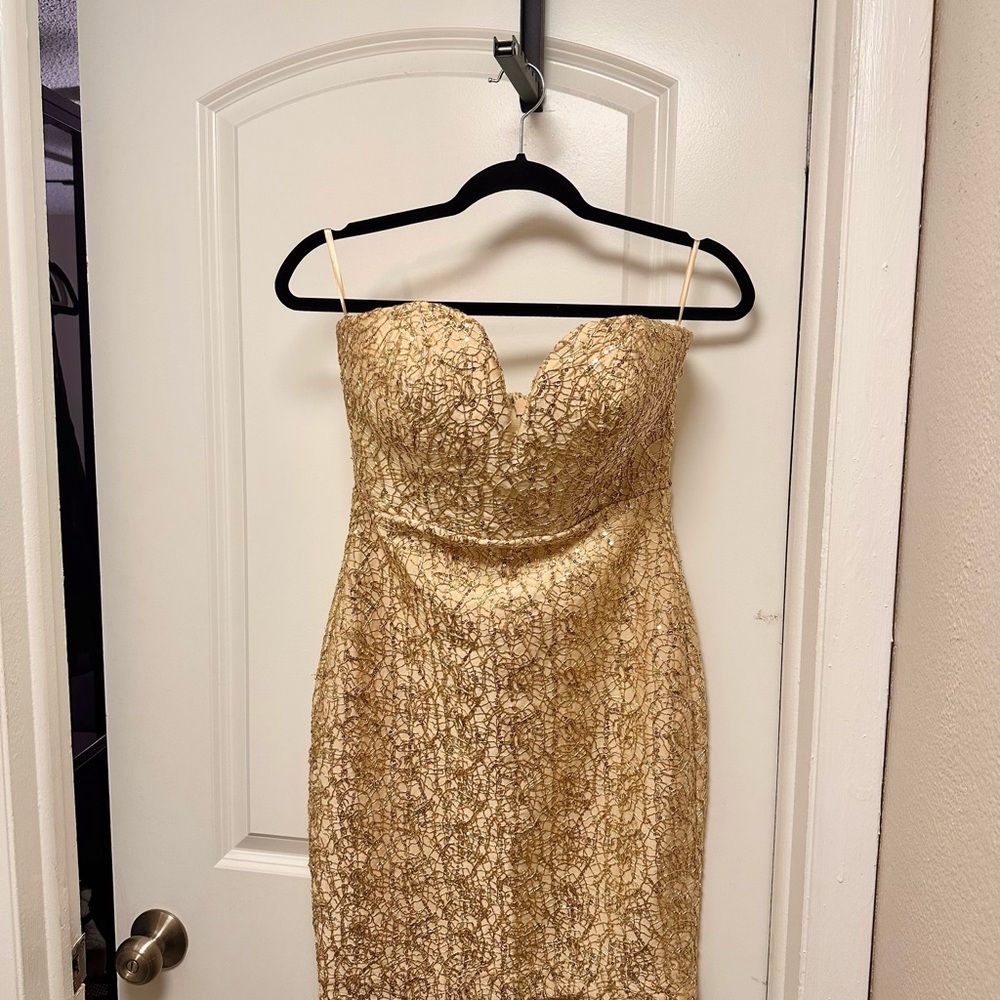 Cocktail Dress-Gold Sequin and Lace Strapless Dress -WOW Couture - Picture 2 of 6